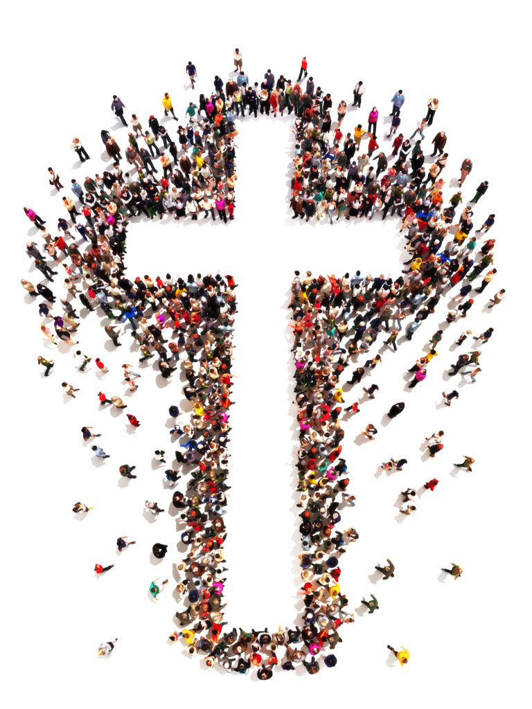 people standing in the shape of a cross